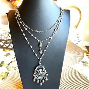 Chico's Antique Silver Black Multi-Chain Necklace with Gem Drops Ab Rhinestones